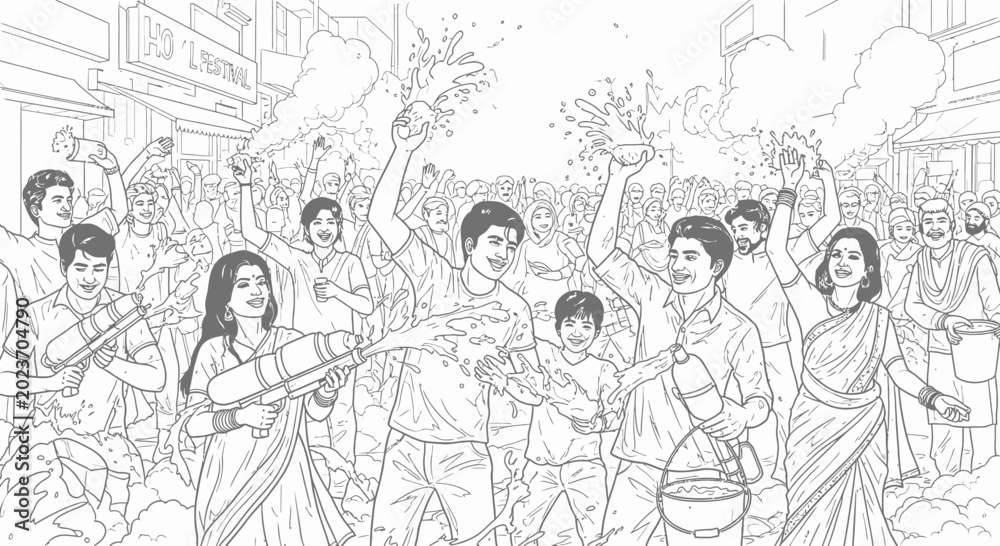 Obraz premium Holi Festival Celebration Illustration with People Playing with Water Guns and Colors