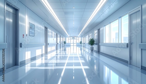 Bright, Empty Hospital Corridor with Gleaming Floors and Modern Design.