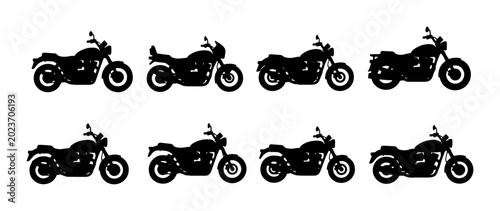 Photos Motorcycle Silhouettes Collection, Eight Diverse Cruiser Bike Icons, Vector Grap