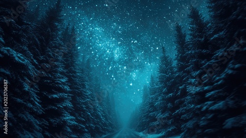 Dense conifer forest borders a narrow snowy path beneath a brilliant starry night sky
