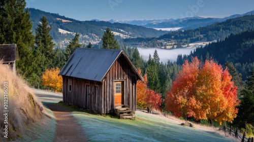 Rustic wooden cabin sits on a hillside overlooking a forested valley with morning fog.