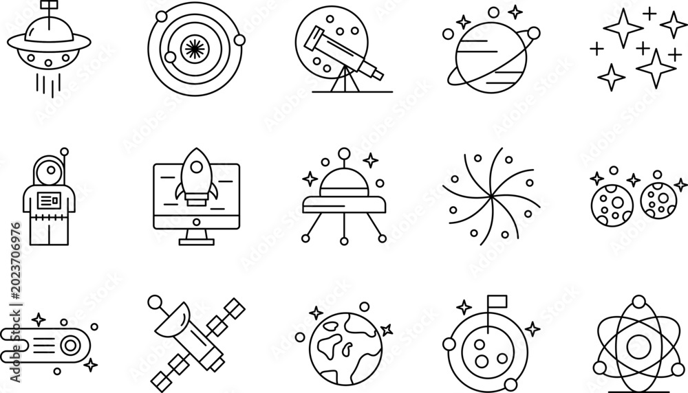 Fototapeta premium Space icons set with astronomy and technology symbols