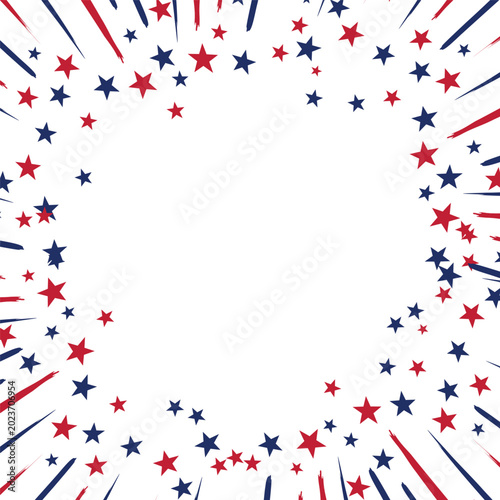 Square frame Stars and brush stroke lines Red blue on white isolated backdrop Fireworks effect for celebration Independence Day Design is bright and inviting, perfect for event USA concept Copy space