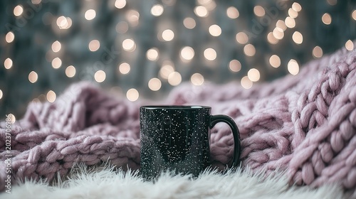 Dark speckled mug rests on cozy textures against a bokeh light background