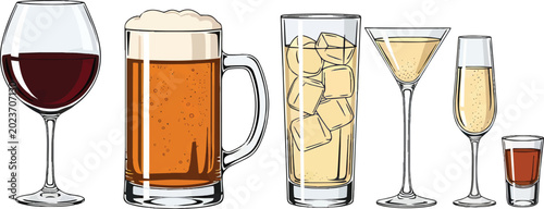 Assorted alcoholic drinks in various glassware including beer mug wine glass martini glass and champagne flute on transparent background