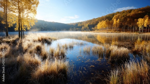 Golden autumn foliage illuminates misty morning light over a calm water body surrounded by hills