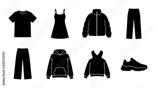 Foto Black Apparel Icons Set, Casual Clothing Vector Graphics, Fashion Garments Colle