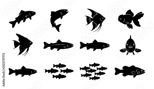 Canvas Print Diverse Fish Silhouettes Collection, Aquatic Animal Icons, Marine Life Vector Gr