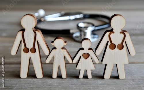 Wooden figures of a family, featuring parents with stethoscopes and children, symbolizing the crucial concept of family healthcare, medical wellness, and health insurance