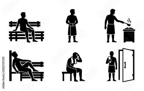 Sauna Icons Set: Relaxation, Steam, and Wellness Silhouettes for Spa and Health Graphics