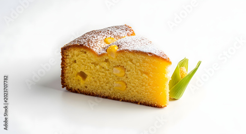 Slice of corn cake with powdered sugar dusting and corn kernels