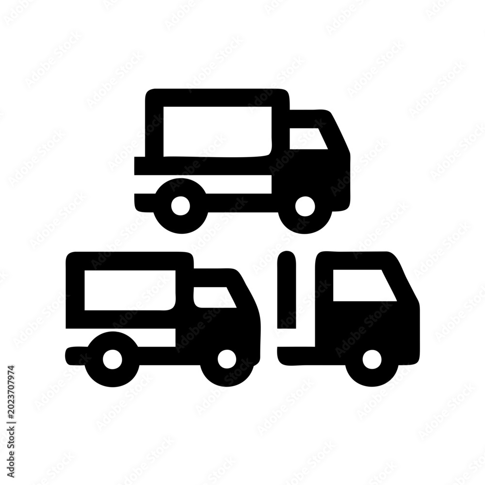 Fototapeta premium Three delivery trucks stacked icon design - Minimalist black and white icon showing three delivery trucks arranged in a triangular stack formation.