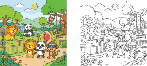 Photography Cute Zoo Animals Cartoon Illustration and Coloring Page for Kids with Lion Panda