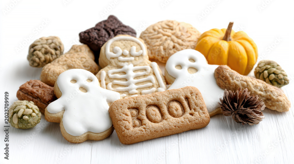 Fototapeta premium Halloween-themed assorted cookies including ghost, skeleton, boo, pumpkin, and autumn decorations on white surface