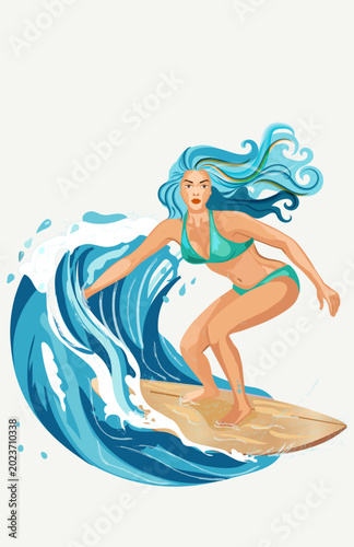 Surfer Girl Riding Ocean Wave Vector Illustration, Tropical Summer Beach Surfing Art, Retro Blue Sea Splash Graphic Design