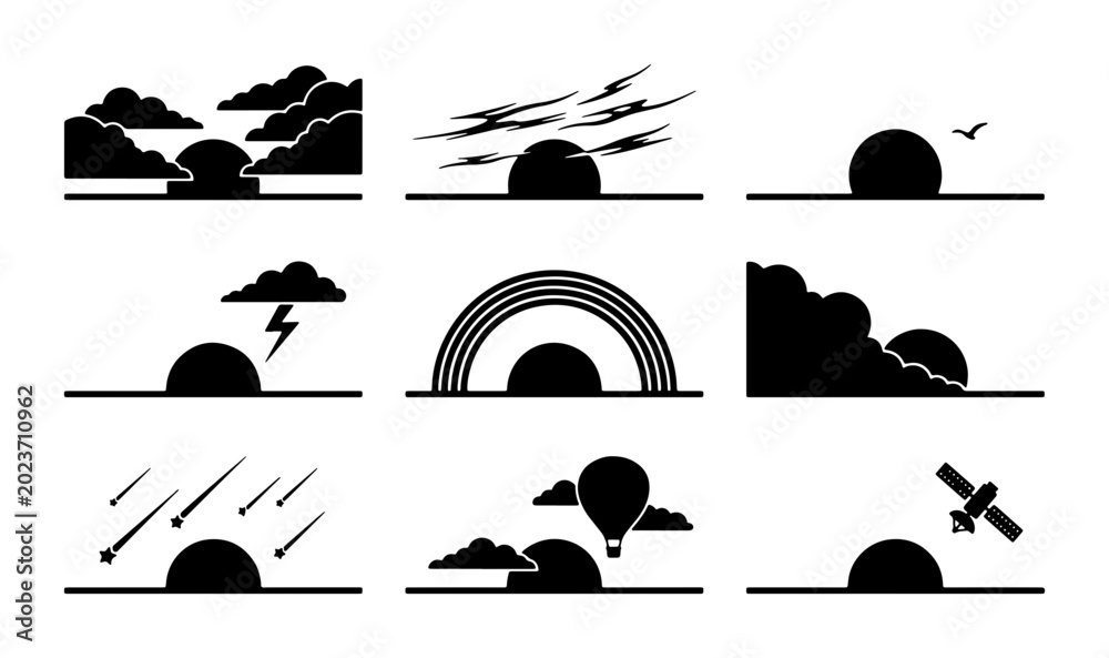 Fototapeta premium Weather Icons Collection: Sun, Clouds, Rainbow, Storm, Meteor Shower, Hot Air Balloon, Satellite, Vector Graphics for Meteorology and Climate