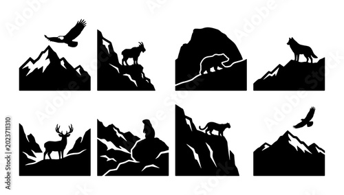 Foto Mountain Wildlife Silhouette Collection, Majestic Animal Icons on Rocky Peaks, N