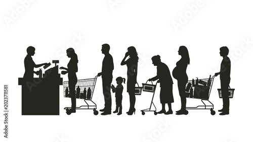 Tableau sur toile People in a supermarket checkout line with shopping carts black silhouette