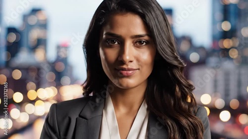 Confident businesswoman looking at camera with blurred city lights bokeh background