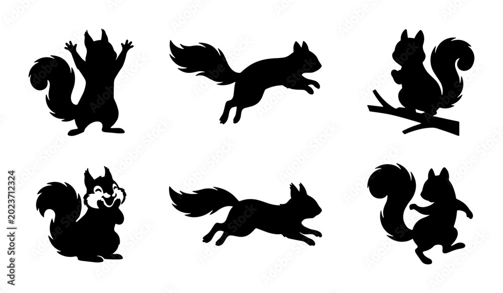 Obraz premium Set of Six Black Silhouette Squirrel Vector Icons, Cute Forest Animal Poses for Wildlife Graphics, Nature Elements, and Children's Illustrations