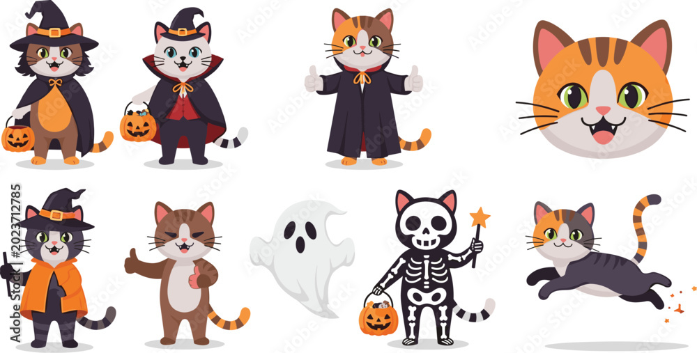 Fototapeta premium Cute Halloween Cat Cartoon Character Set with Witch Vampire Skeleton Ghost and Pumpkin Costume Vector Illustration