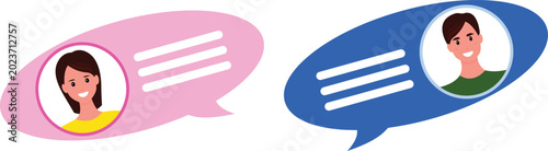 Valokuva Pink and blue speech bubbles with male and female avatars isolated on transparen