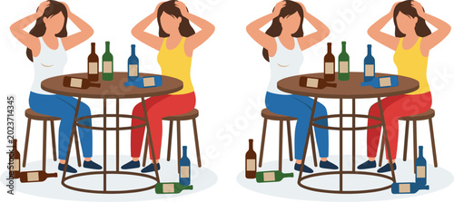 Schilderij op canvas Women suffering from alcohol addiction sitting at table with bottles illustratin