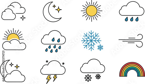 Weather Line Icons Collection with Sun Rain Cloud Snow Rainbow and Climate Vector Symbols Set