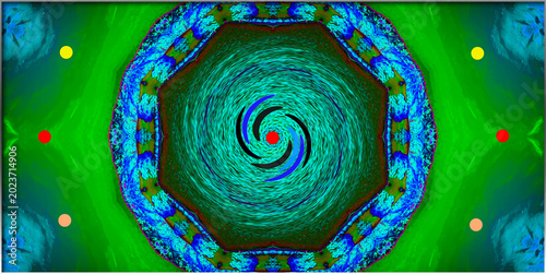 Photos A luminous mandala where swirling colours fold into a central spiral, surrounded by finely layered patterns that radiate balance, motion, and depth