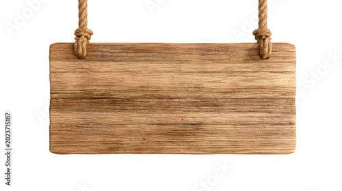 hanging wooden sign board, blank display mockup, isolated on white background