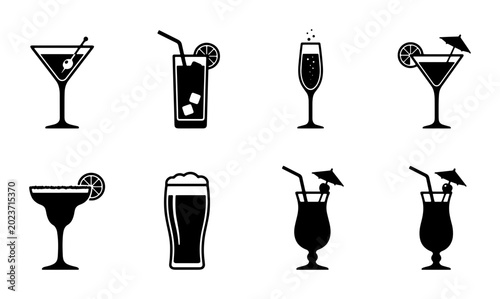 Tablou pe pânză Cocktail Icons Set, Bar Drinks Collection, Alcoholic Beverages Vector Graphics,
