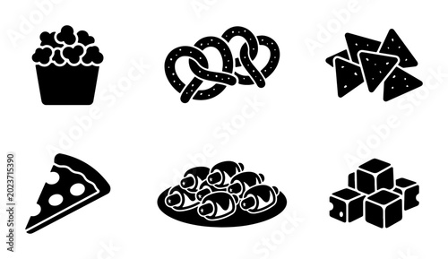 Cuadro en lienzo Six Black and White Vector Icons: Popcorn, Pretzel, Nachos, Pizza Slice, Croissants, Sugar Cubes