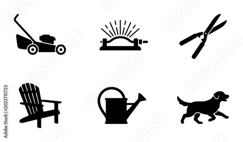 Tableau sur toile Gardening Tools and Leisure Icons: Lawn Mower, Sprinkler, Shears, Adirondack Cha