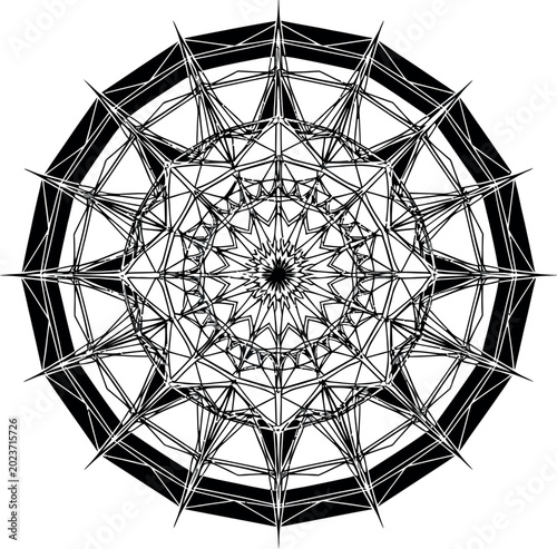 Intricate Black and White Geometric Mandala Vector Illustration, Circular Symmetry Abstract Pattern, Radial Ornament for Meditation, Zen Yoga Background, Star Shape Kaleidoscope Design