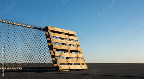 Wooden pallet leaning on fence.