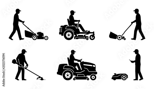 Foto Gardening Equipment Icons: Lawn Mower, Tractor, Trimmer, Robotic Mower, Silhouet