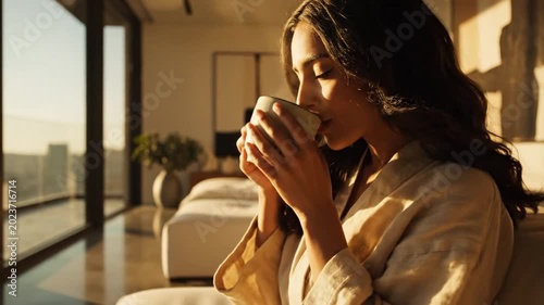 Woman in robe enjoying coffee by large window with sunset light