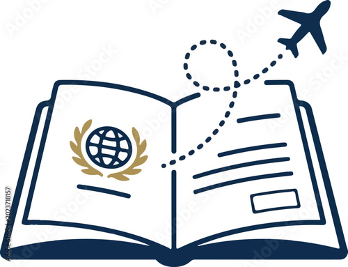 Photography Minimalist vector illustration of an open passport book with a globe symbol and an airplane flying on a dotted line path