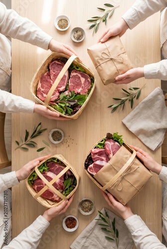 Hands exchanging qurban meat baskets and halal food packages for Eid al Adha charity