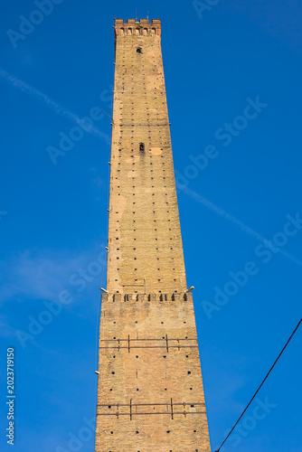 Two Towers (Due Torri, 1109 – 1119), symbols of medieval Bologna. The taller one is the Asinelli; the smaller, with a greater lean, is the Garisenda. BOLOGNA, ITALY.