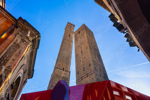 Two Towers (Due Torri, 1109 – 1119), symbols of medieval Bologna. The taller one is the Asinelli; the smaller, with a greater lean, is the Garisenda. BOLOGNA, ITALY.