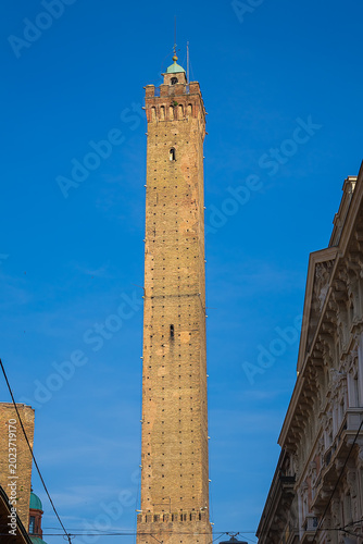 Two Towers (Due Torri, 1109 – 1119), symbols of medieval Bologna. The taller one is the Asinelli; the smaller, with a greater lean, is the Garisenda. BOLOGNA, ITALY.