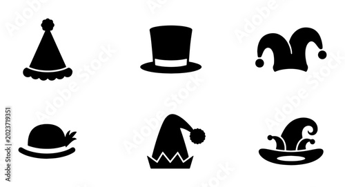 Foto Diverse Collection of Six Silhouette Hats, Festive Party Caps, Jester Hats, Top