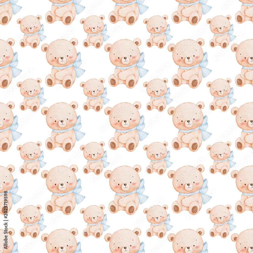 Fototapeta premium Seamless pattern with cute teddy bear wearing blue bow, watercolor illustration