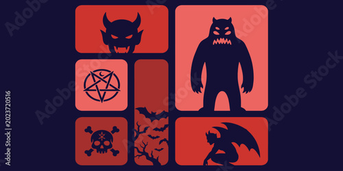 Konstfotografi Spooky Halloween icons and design elements in a tiled graphic illustration