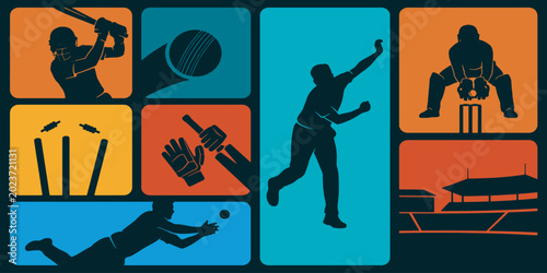 Canvas Print Cricket sport vector illustration with player silhouettes and equipment icons
