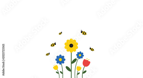 Fotografie Cute Bees Flying Around Colorful Spring Flowers on White Background