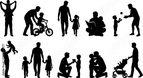 Canvastavla Collection of black silhouette icons of father and children engaged in diverse a