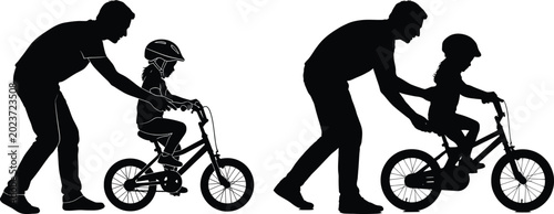 Foto Black silhouette of a father teaching his child how to ride a bicycle isolated o