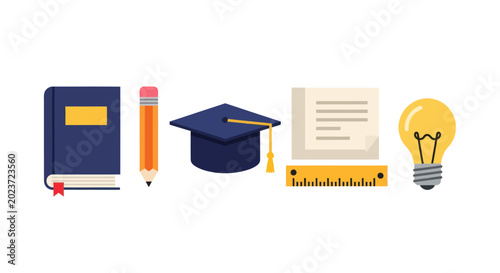 Education elements book pencil hat paper bulb